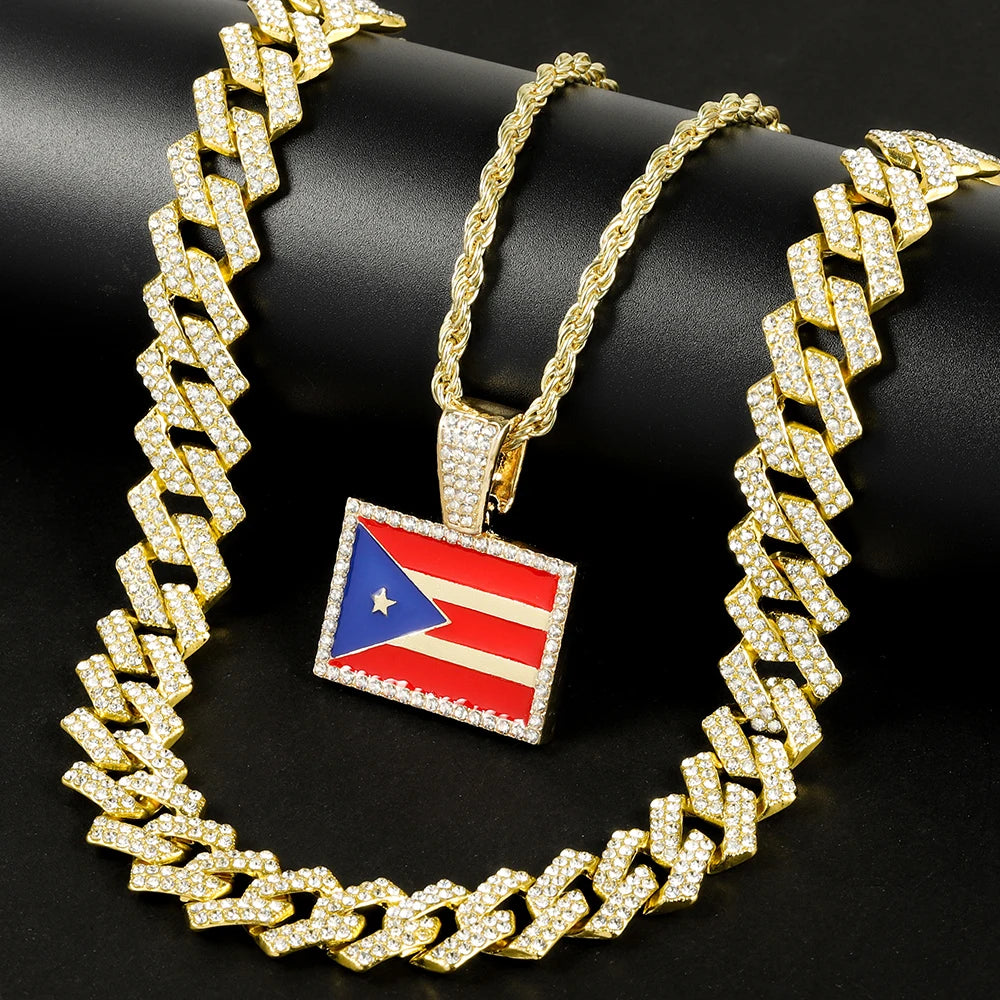 Hip-hop Punk Necklace Set Stylish Puerto Rico Flag Pendant Necklace With Cuban Chain Inlaid Diamonds Men Trend Jewelry Gift Set