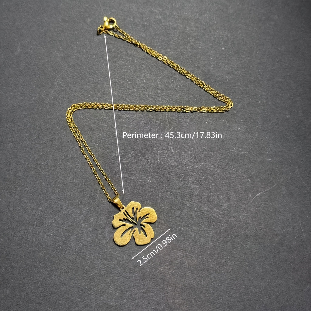 Elegant Puerto Rico Maga Flower Hollow Pendant Necklace - Stainless Steel, 18" Chain, Ideal for Everyday and Party Wear, Perfect Valentine's Day Gift, Featuring Hibiscus Elatus