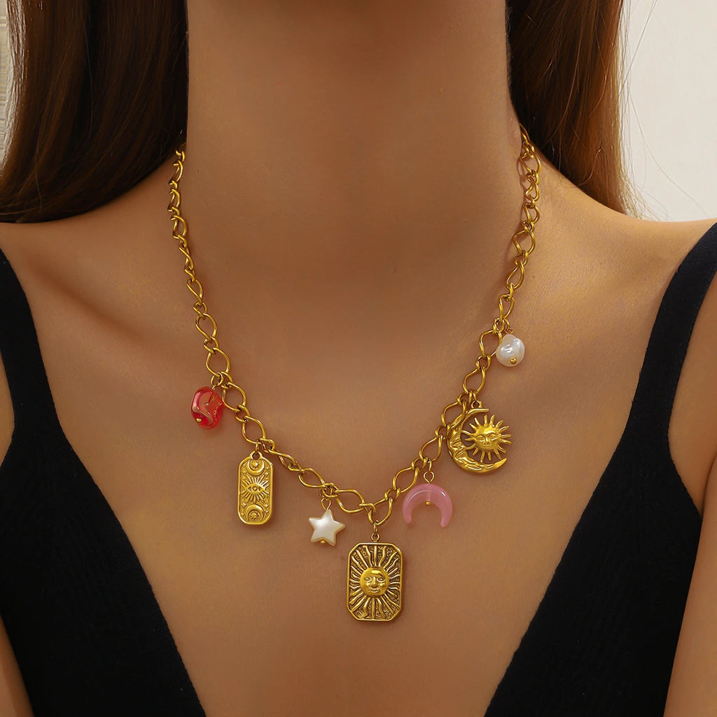 LAMENGLY 316L Stainless Steel Exaggerated Sun Face Moon Eye Cherry Multiple Pendant Necklace Women Personal Chic Neck Chain Gift