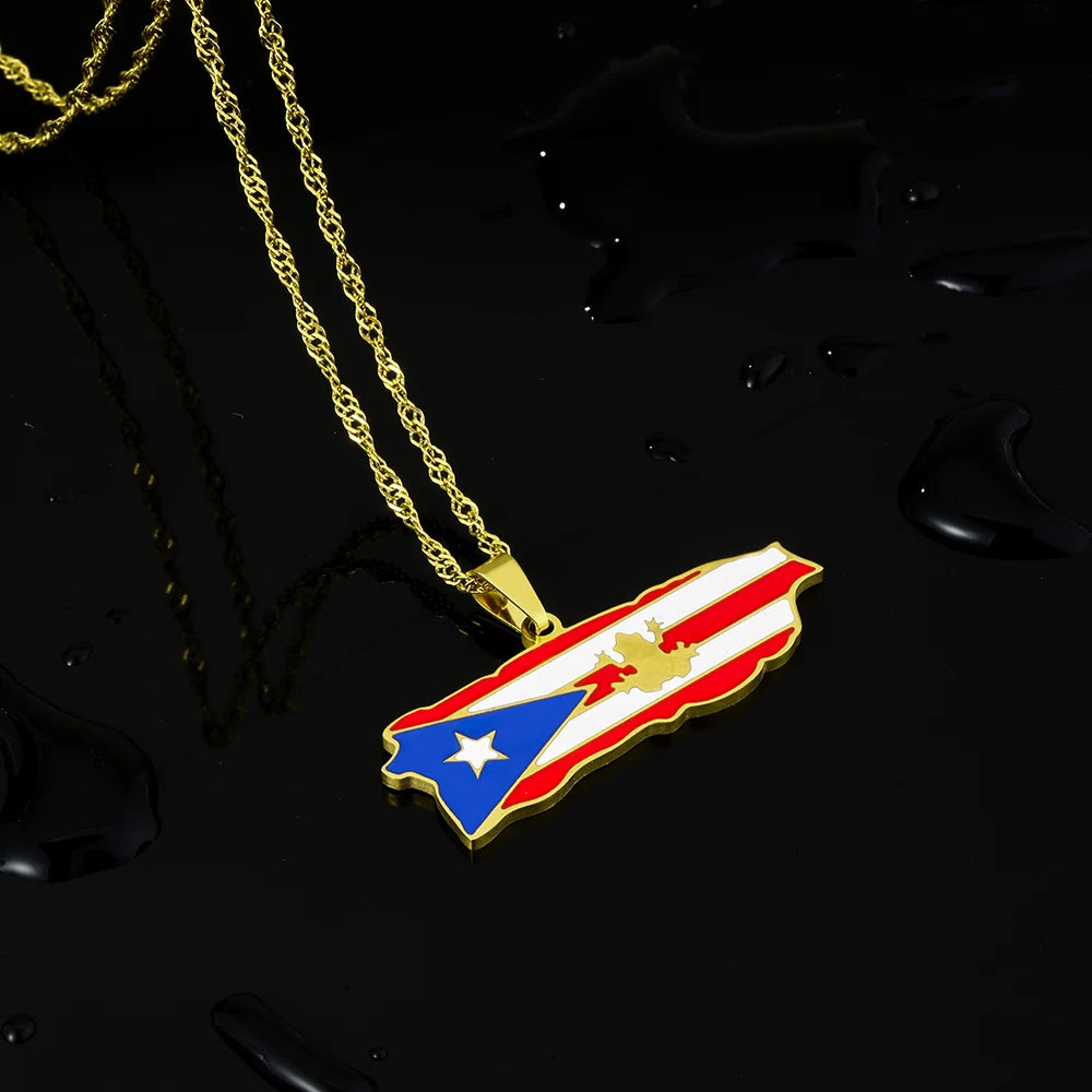 Fashion Stainless Steel US Puerto Rico Map Flag Pendant Necklace for Men Women Gold Silver Color Maps Jewelry Gift