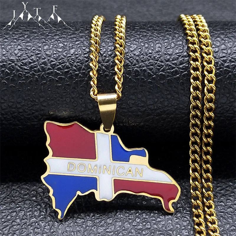 Dominican Republic Map Country Flag Necklace Pendant for Women Men Stainless Steel Gold Color Necklaces Jewelry Gift N7606GDS05