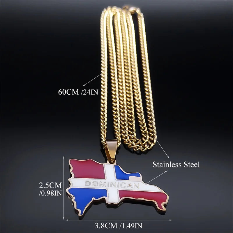 Dominican Republic Map Country Flag Necklace Pendant for Women Men Stainless Steel Gold Color Necklaces Jewelry Gift N7606GDS05