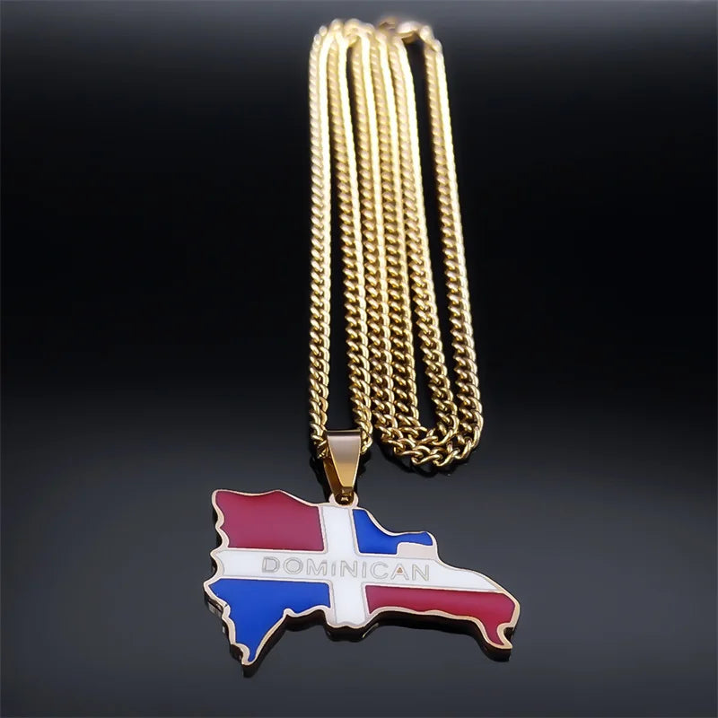 Dominican Republic Map Country Flag Necklace Pendant for Women Men Stainless Steel Gold Color Necklaces Jewelry Gift N7606GDS05