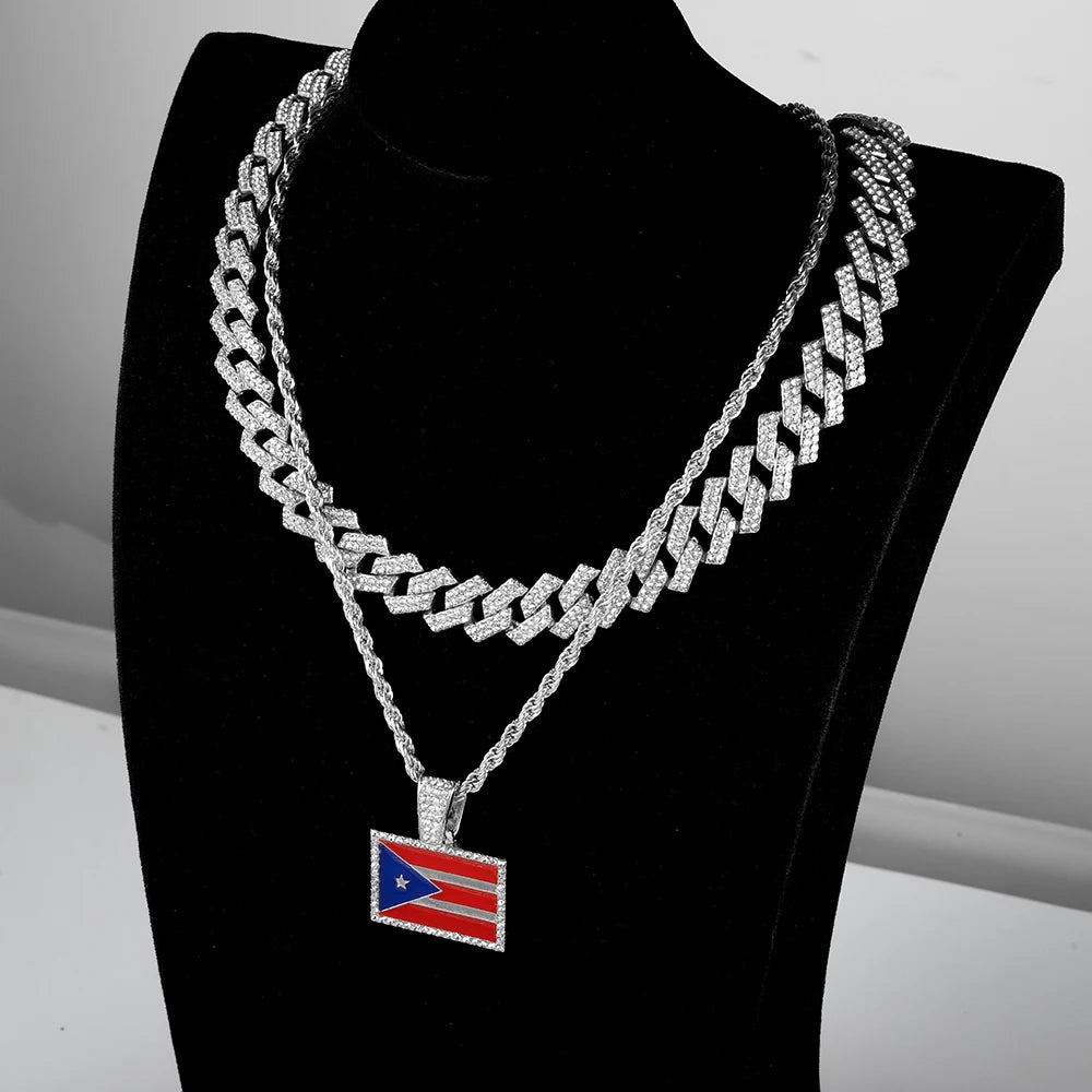 Hip-hop Punk Necklace Set Stylish Puerto Rico Flag Pendant Necklace With Cuban Chain Inlaid Diamonds Men Trend Jewelry Gift Set