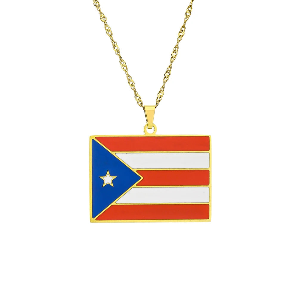 Fashion Stainless Steel US Puerto Rico Map Flag Pendant Necklace for Men Women Gold Silver Color Maps Jewelry Gift