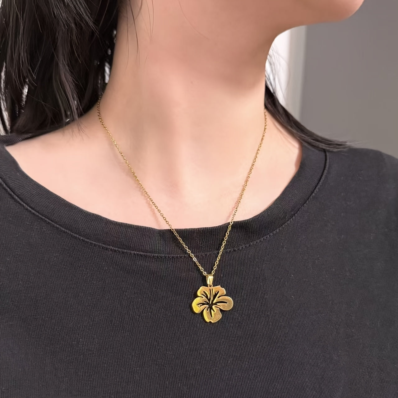Elegant Puerto Rico Maga Flower Hollow Pendant Necklace - Stainless Steel, 18" Chain, Ideal for Everyday and Party Wear, Perfect Valentine's Day Gift, Featuring Hibiscus Elatus