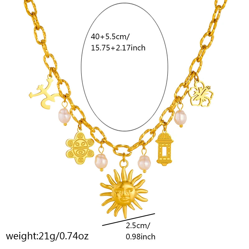 LAMENGLY 316L Stainless Steel Exaggerated Sun Face Moon Eye Cherry Multiple Pendant Necklace Women Personal Chic Neck Chain Gift