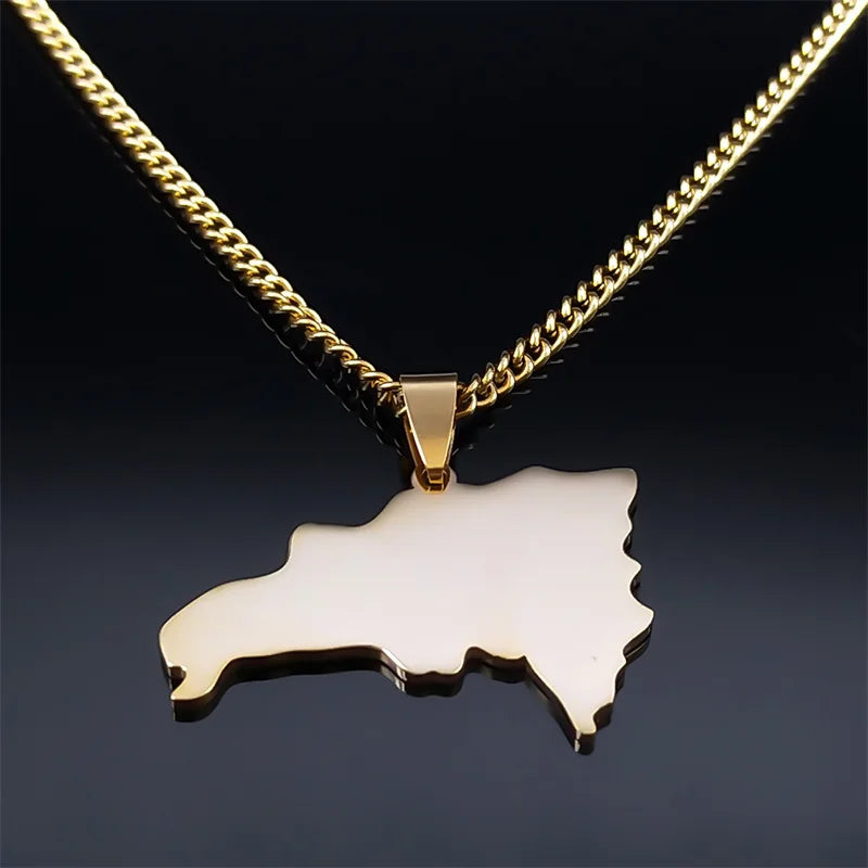 Dominican Republic Map Country Flag Necklace Pendant for Women Men Stainless Steel Gold Color Necklaces Jewelry Gift N7606GDS05