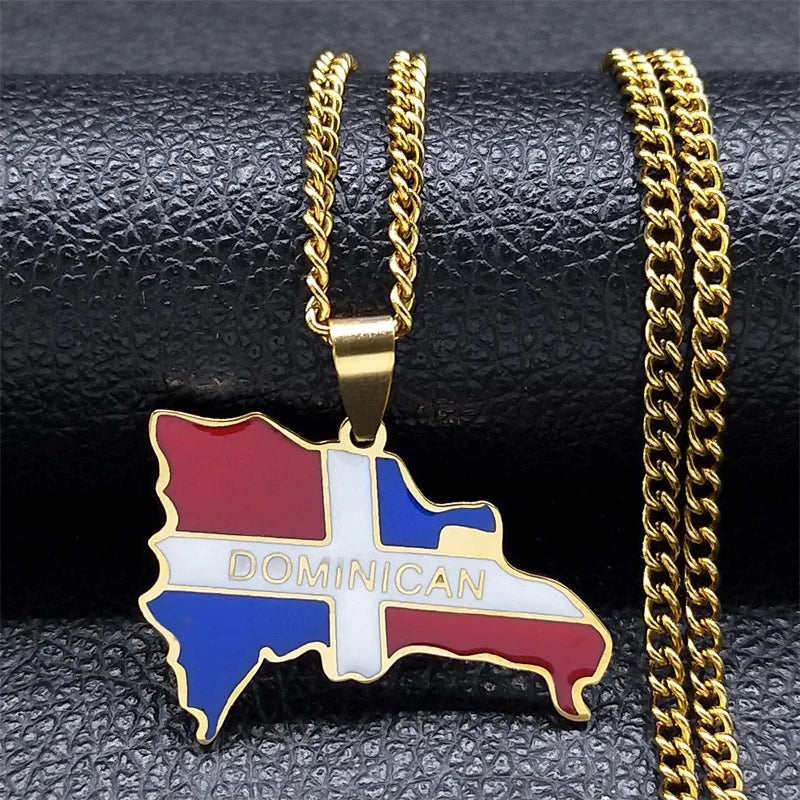 Dominican Republic Map Country Flag Necklace Pendant for Women Men Stainless Steel Gold Color Necklaces Jewelry Gift N7606GDS05