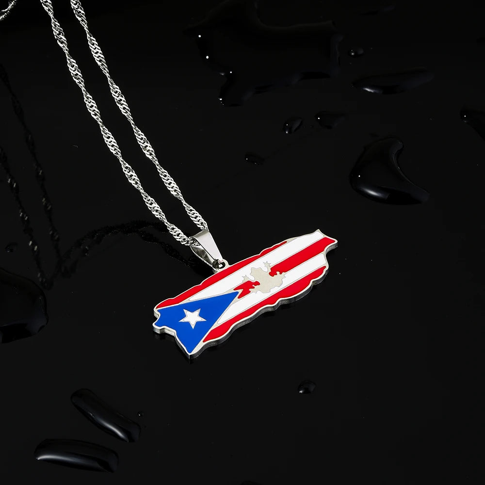 Fashion Stainless Steel US Puerto Rico Map Flag Pendant Necklace for Men Women Gold Silver Color Maps Jewelry Gift
