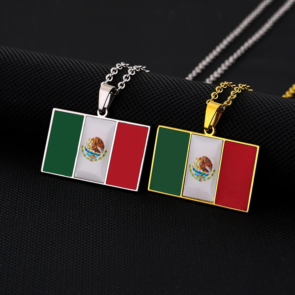 US EU Hot Sale Stainless Steel Enamel Square Mexico Flag Pendant Necklace Unisex Couple Birthday Jewelry Gift Trendy Accessory