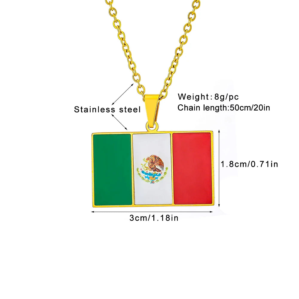 US EU Hot Sale Stainless Steel Enamel Square Mexico Flag Pendant Necklace Unisex Couple Birthday Jewelry Gift Trendy Accessory