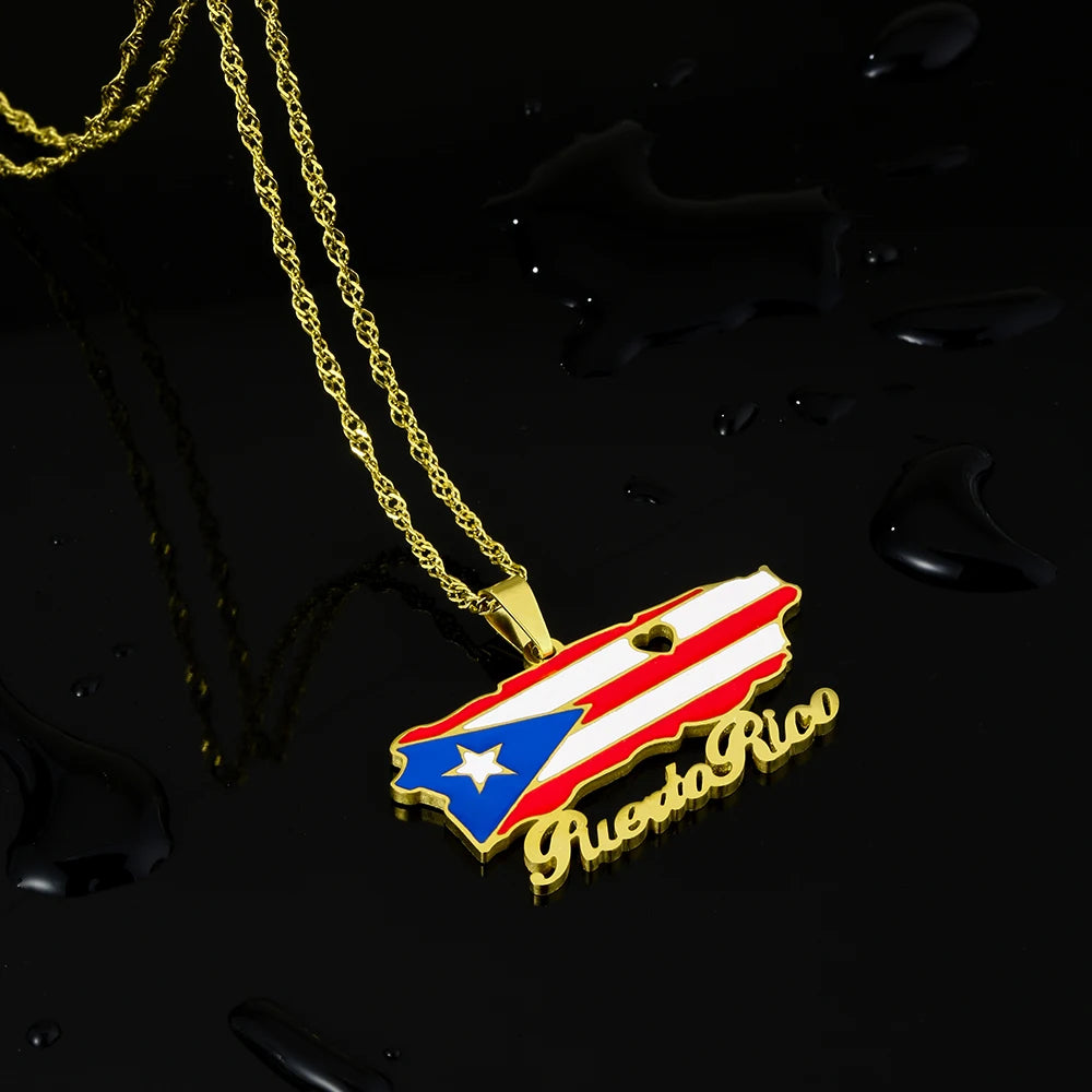Fashion Stainless Steel US Puerto Rico Map Flag Pendant Necklace for Men Women Gold Silver Color Maps Jewelry Gift