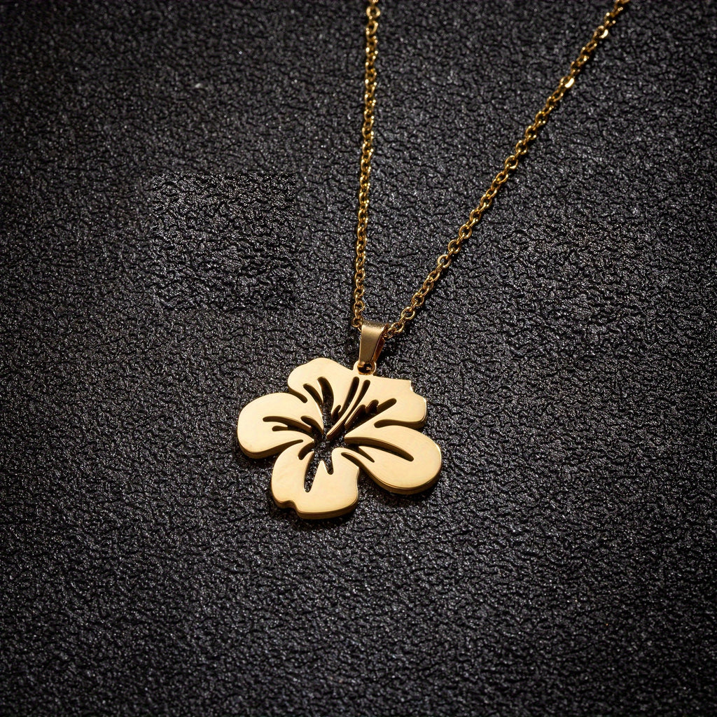 Elegant Puerto Rico Maga Flower Hollow Pendant Necklace - Stainless Steel, 18" Chain, Ideal for Everyday and Party Wear, Perfect Valentine's Day Gift, Featuring Hibiscus Elatus