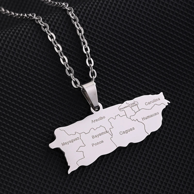 New Puerto Rico Map With City Pendant Necklaces Stainless Steel Puerto Ricans Men Women Ethnic Map Jewelry Gift