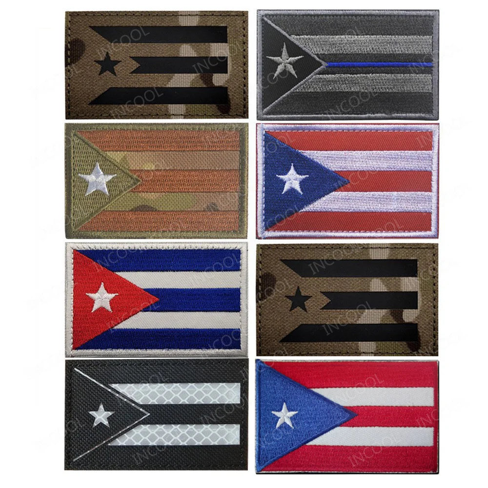 Puerto Rico Flag Infrared Reflective Patches Nylon Flags Blue Line Stickers Appliqued Embroidered Patches For Clothing Hook Loop
