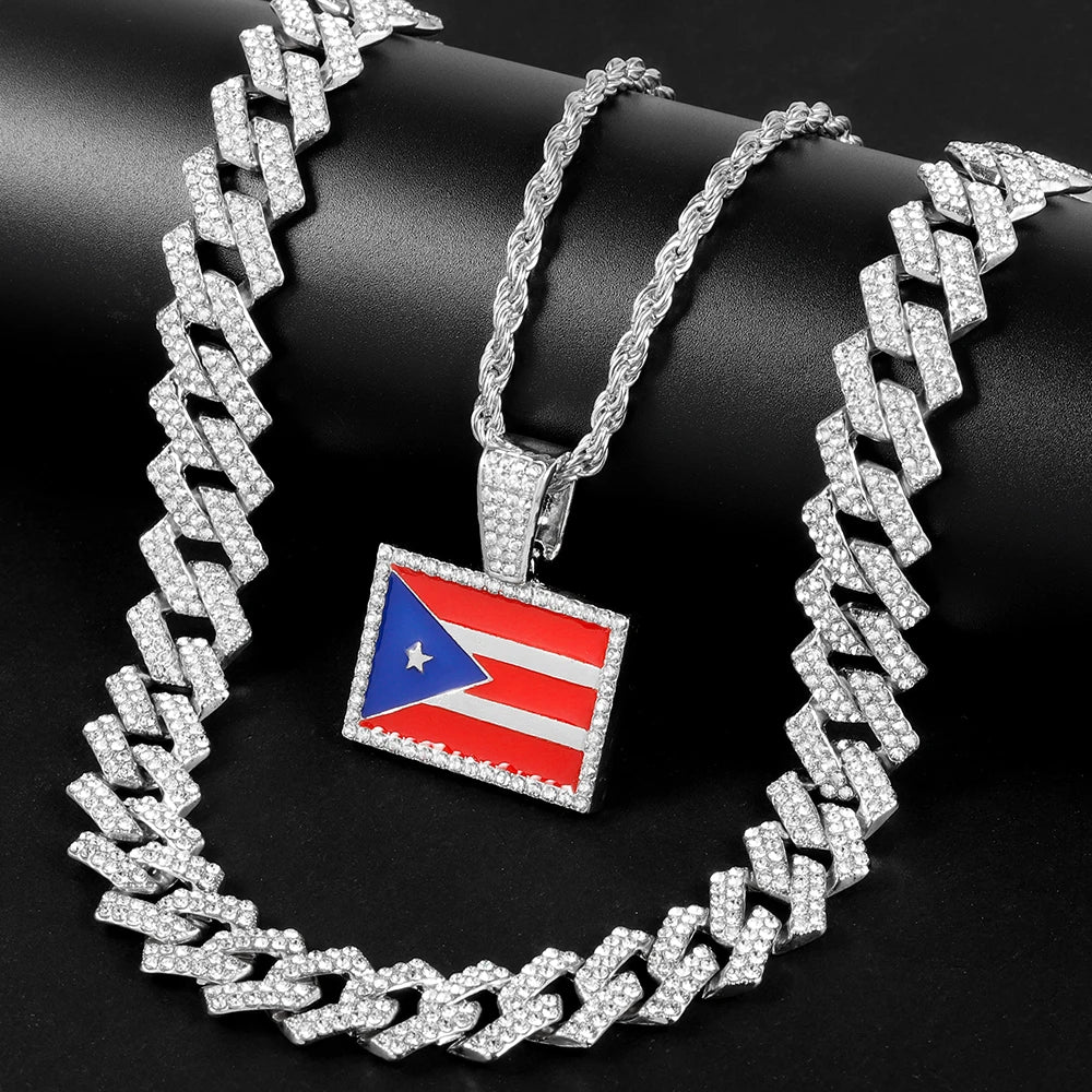 Hip-hop Punk Necklace Set Stylish Puerto Rico Flag Pendant Necklace With Cuban Chain Inlaid Diamonds Men Trend Jewelry Gift Set