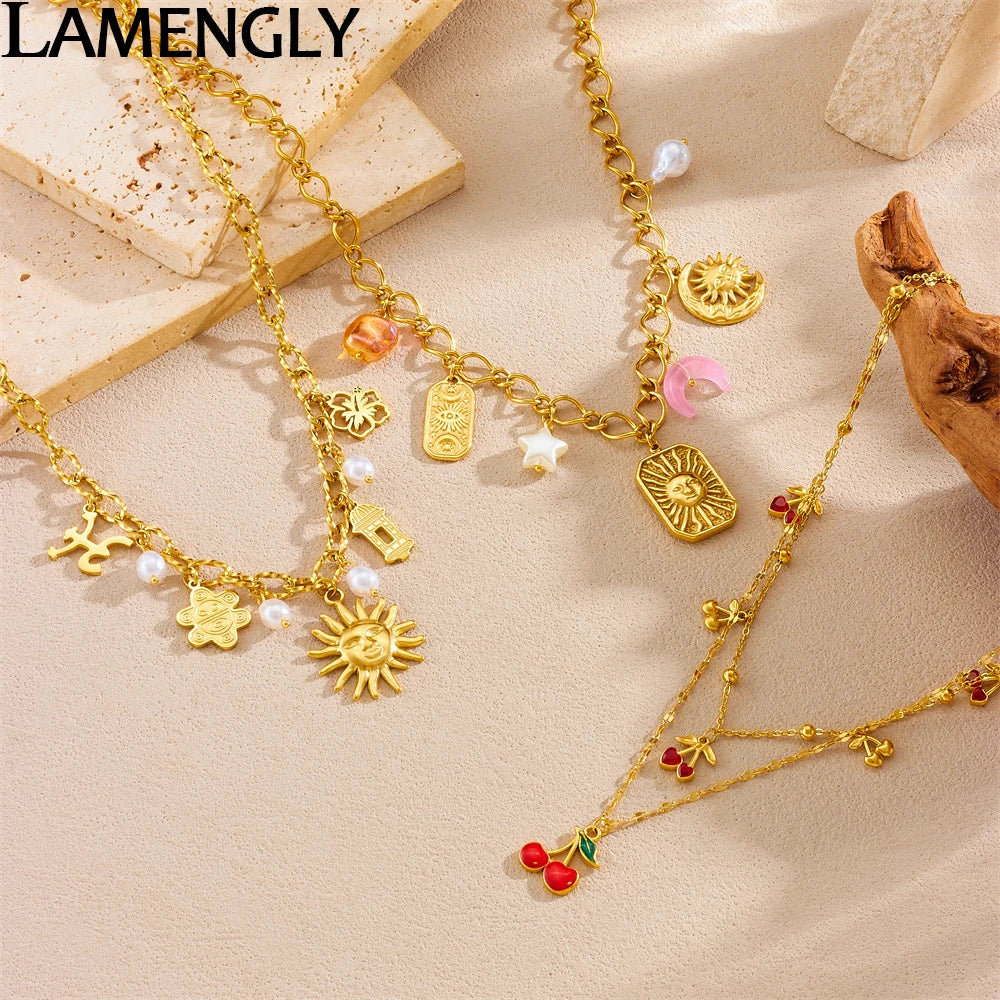 LAMENGLY 316L Stainless Steel Exaggerated Sun Face Moon Eye Cherry Multiple Pendant Necklace Women Personal Chic Neck Chain Gift