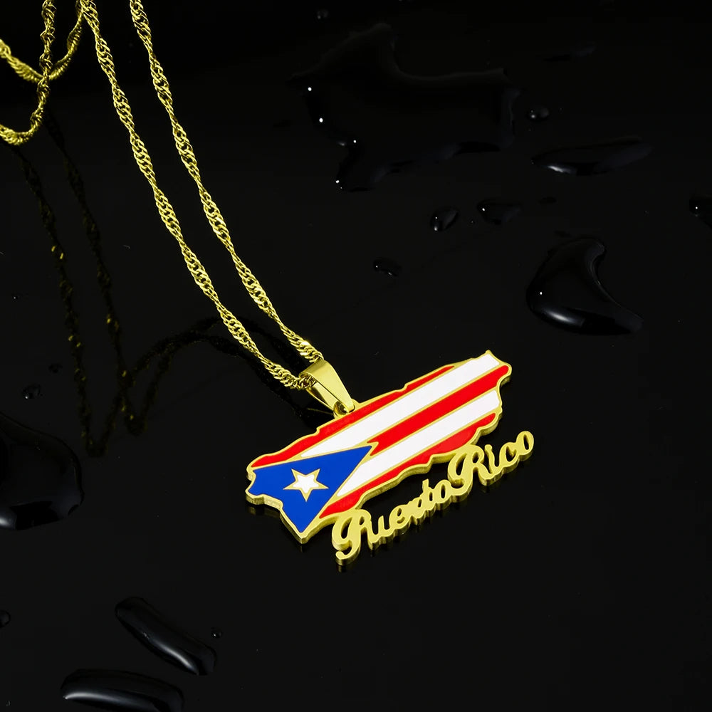 Fashion Stainless Steel US Puerto Rico Map Flag Pendant Necklace for Men Women Gold Silver Color Maps Jewelry Gift