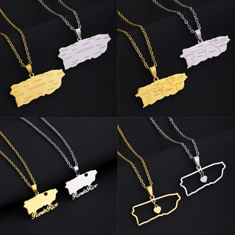 New Puerto Rico Map With City Pendant Necklaces Stainless Steel Puerto Ricans Men Women Ethnic Map Jewelry Gift