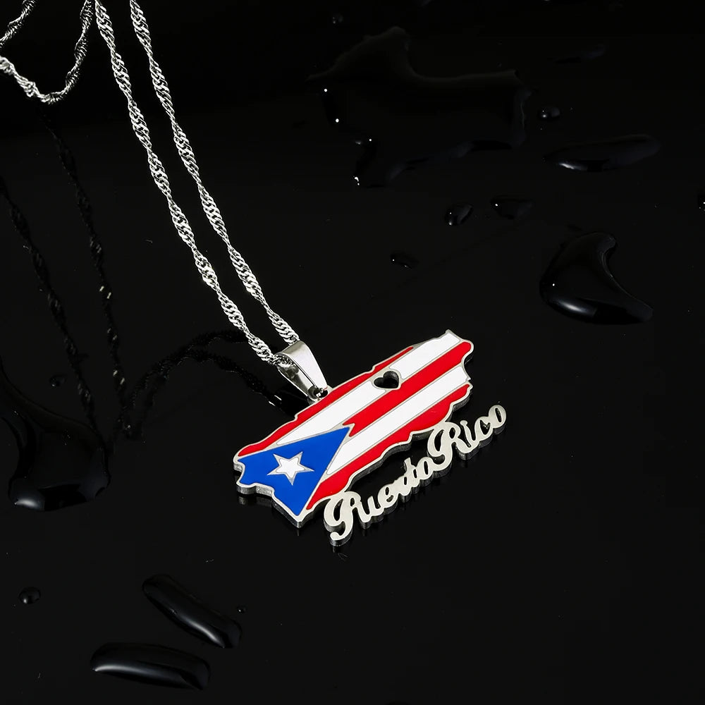 Fashion Stainless Steel US Puerto Rico Map Flag Pendant Necklace for Men Women Gold Silver Color Maps Jewelry Gift