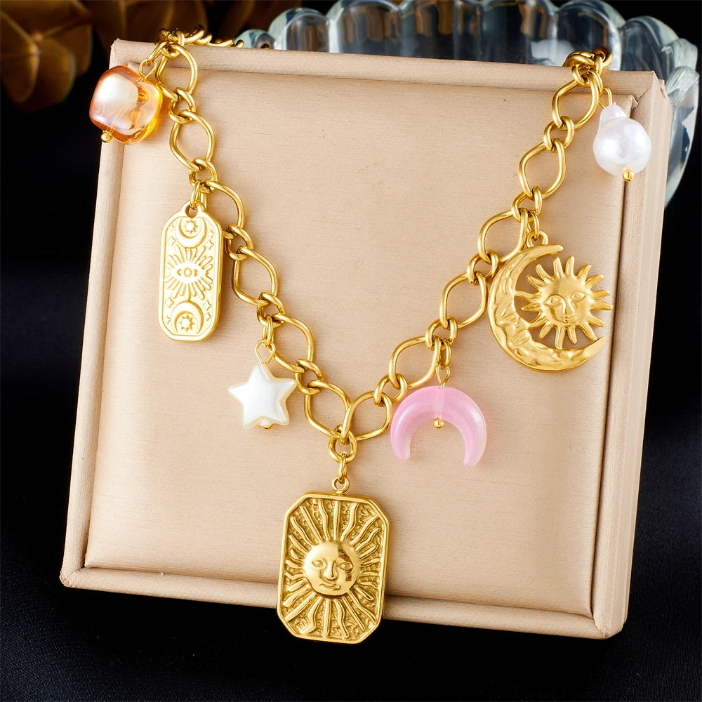 LAMENGLY 316L Stainless Steel Exaggerated Sun Face Moon Eye Cherry Multiple Pendant Necklace Women Personal Chic Neck Chain Gift