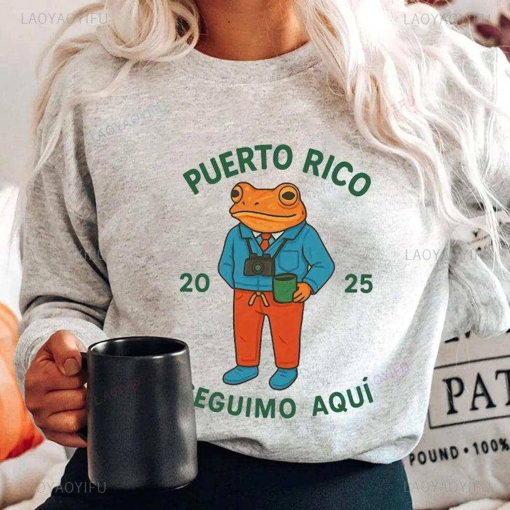 Bad Bunny Puerto Rico Coqui Frog Graphic Printed Unisex Sweatshirt Unique Gift Seguimo Aquí 2025 Puerto Rican Pride Hoodie