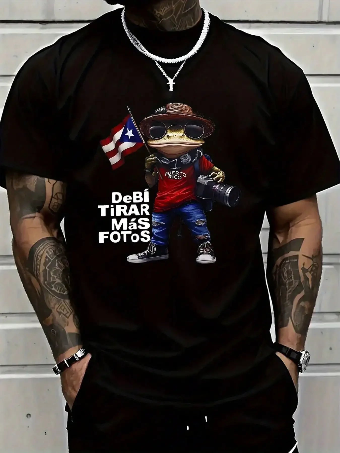 Men'S 100% Cotton Puerto Rico Flag Tree Frog Pattern T-Shirt-"Debi Tierra Mas Fotos" Design, Casual Crewneck Summer Short Sleeve