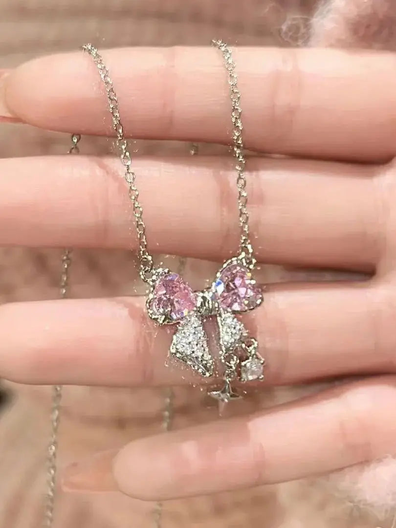 Pink bow necklace sweet cool girl clavicle chain all-match light luxury high-end simple cool accessories