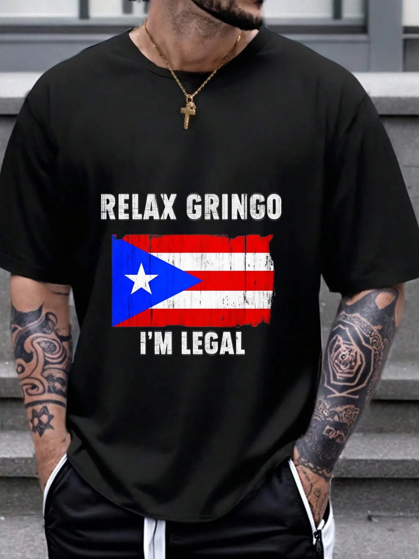 Men's Black T-Shirt Puerto Rico Flag Relax Gringo I'm Legal Printed Design High Quality Cotton 180g