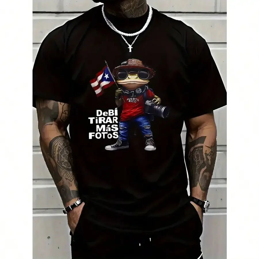 Men'S 100% Cotton Puerto Rico Flag Tree Frog Pattern T-Shirt-"Debi Tierra Mas Fotos" Design, Casual Crewneck Summer Short Sleeve
