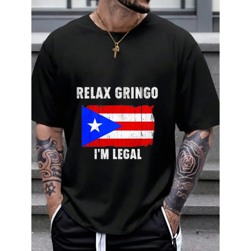 Men's Black T-Shirt Puerto Rico Flag Relax Gringo I'm Legal Printed Design High Quality Cotton 180g