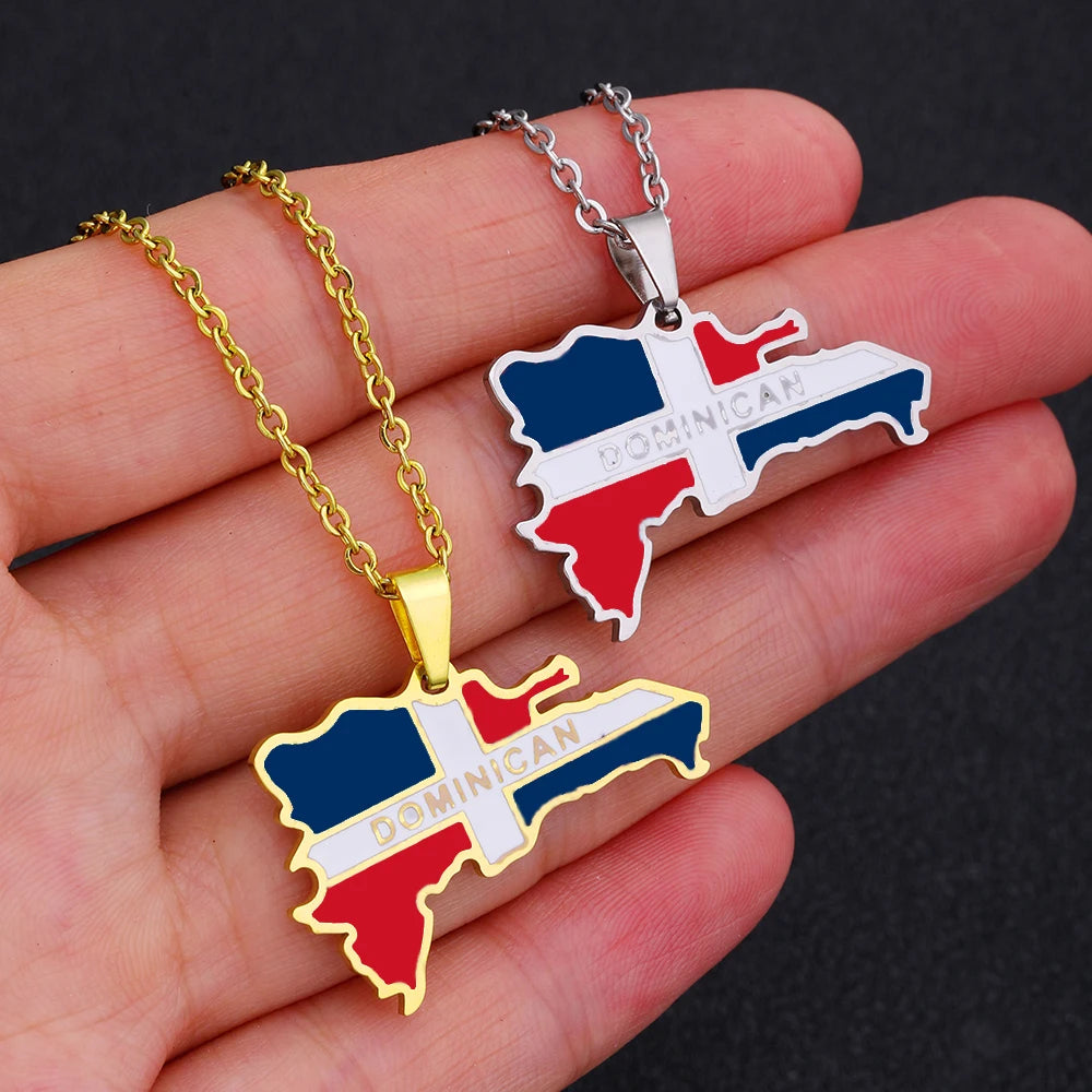 New Dominican Map Flag Pendant Necklace Stainless Steel Men Women Gold/Steel Color Dominicana Maps Jewelry Gift