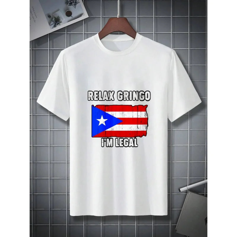 Men's Black T-Shirt Puerto Rico Flag Relax Gringo I'm Legal Printed Design High Quality Cotton 180g