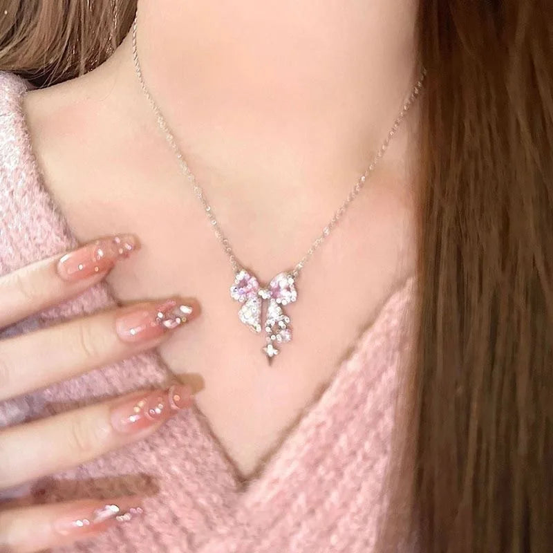 Pink bow necklace sweet cool girl clavicle chain all-match light luxury high-end simple cool accessories