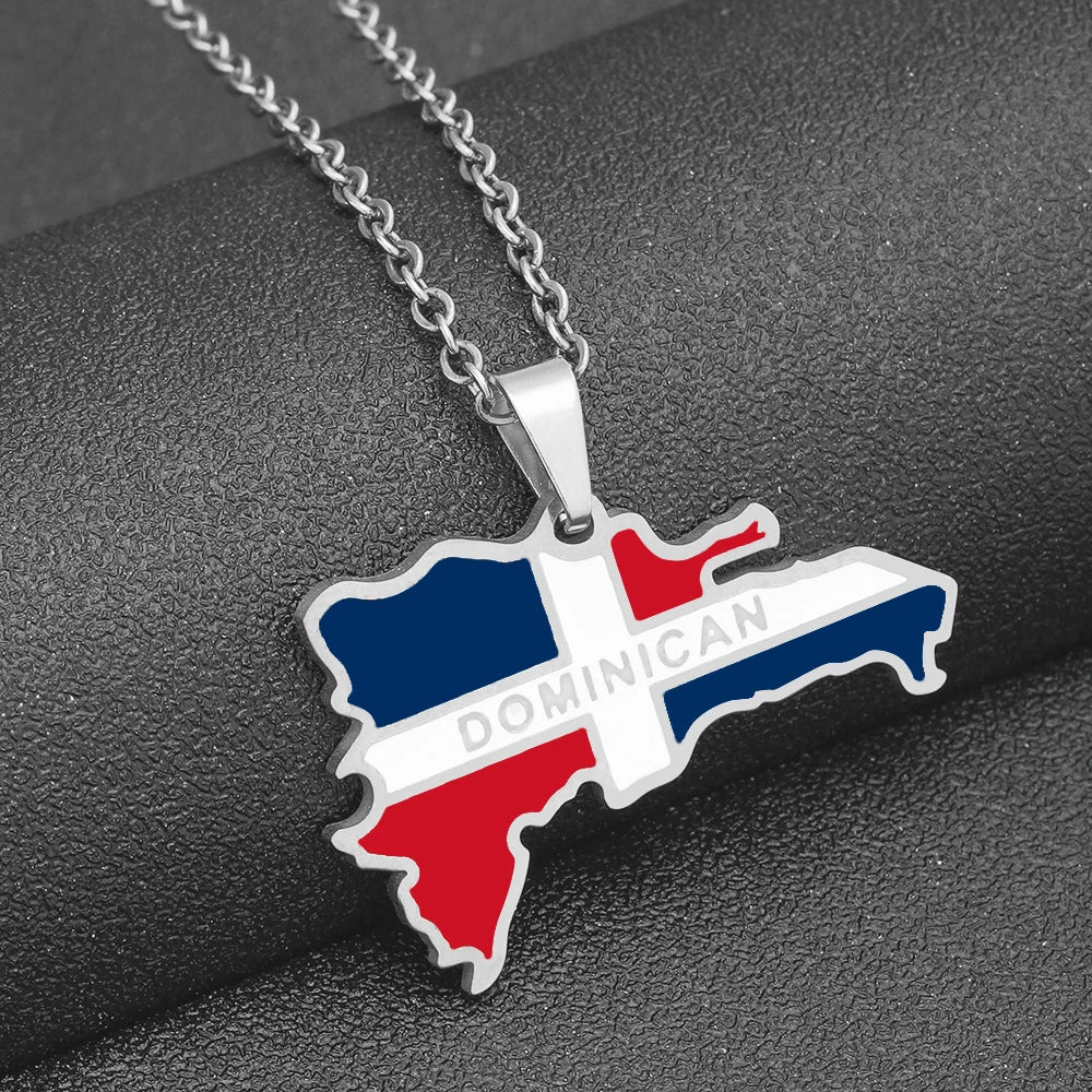 New Dominican Map Flag Pendant Necklace Stainless Steel Men Women Gold/Steel Color Dominicana Maps Jewelry Gift