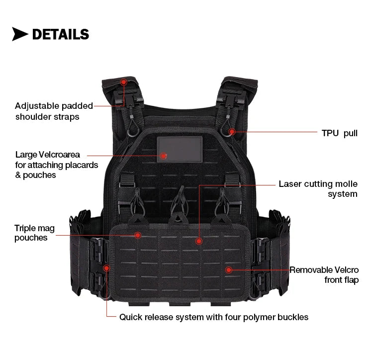YAKEDA Tactical Vest 6094 Fast detachable light laser cut outdoor hunting black gear carry vest of high quality