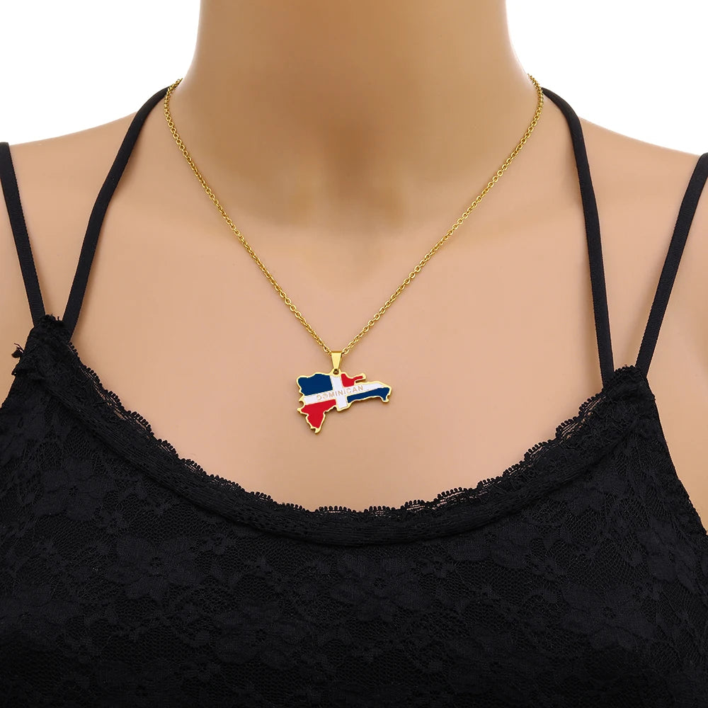 New Dominican Map Flag Pendant Necklace Stainless Steel Men Women Gold/Steel Color Dominicana Maps Jewelry Gift