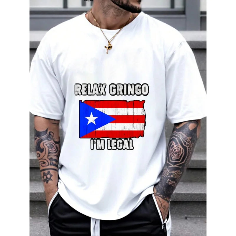 Men's Black T-Shirt Puerto Rico Flag Relax Gringo I'm Legal Printed Design High Quality Cotton 180g