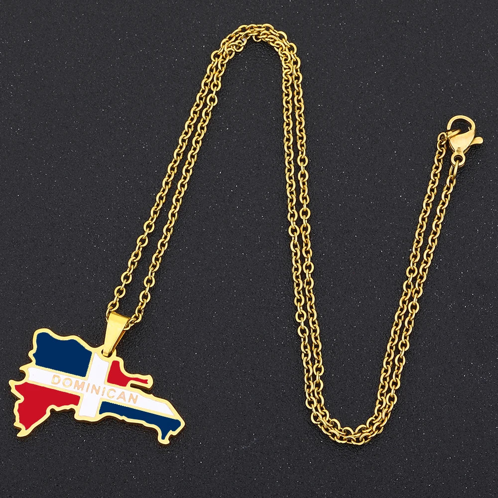 New Dominican Map Flag Pendant Necklace Stainless Steel Men Women Gold/Steel Color Dominicana Maps Jewelry Gift