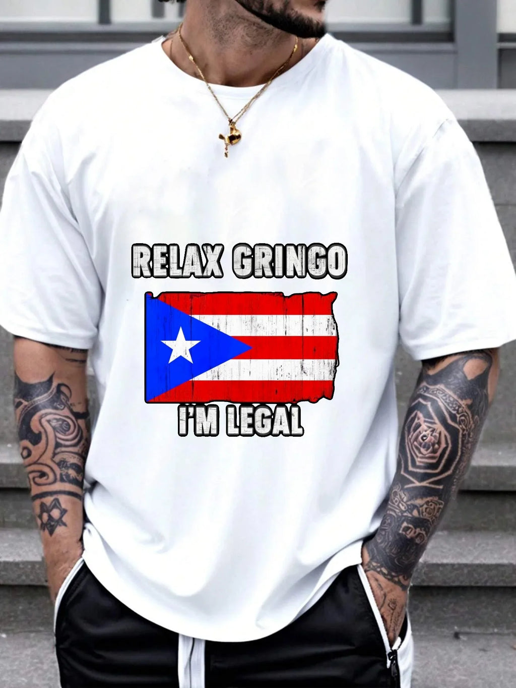 Men's Black T-Shirt Puerto Rico Flag Relax Gringo I'm Legal Printed Design High Quality Cotton 180g