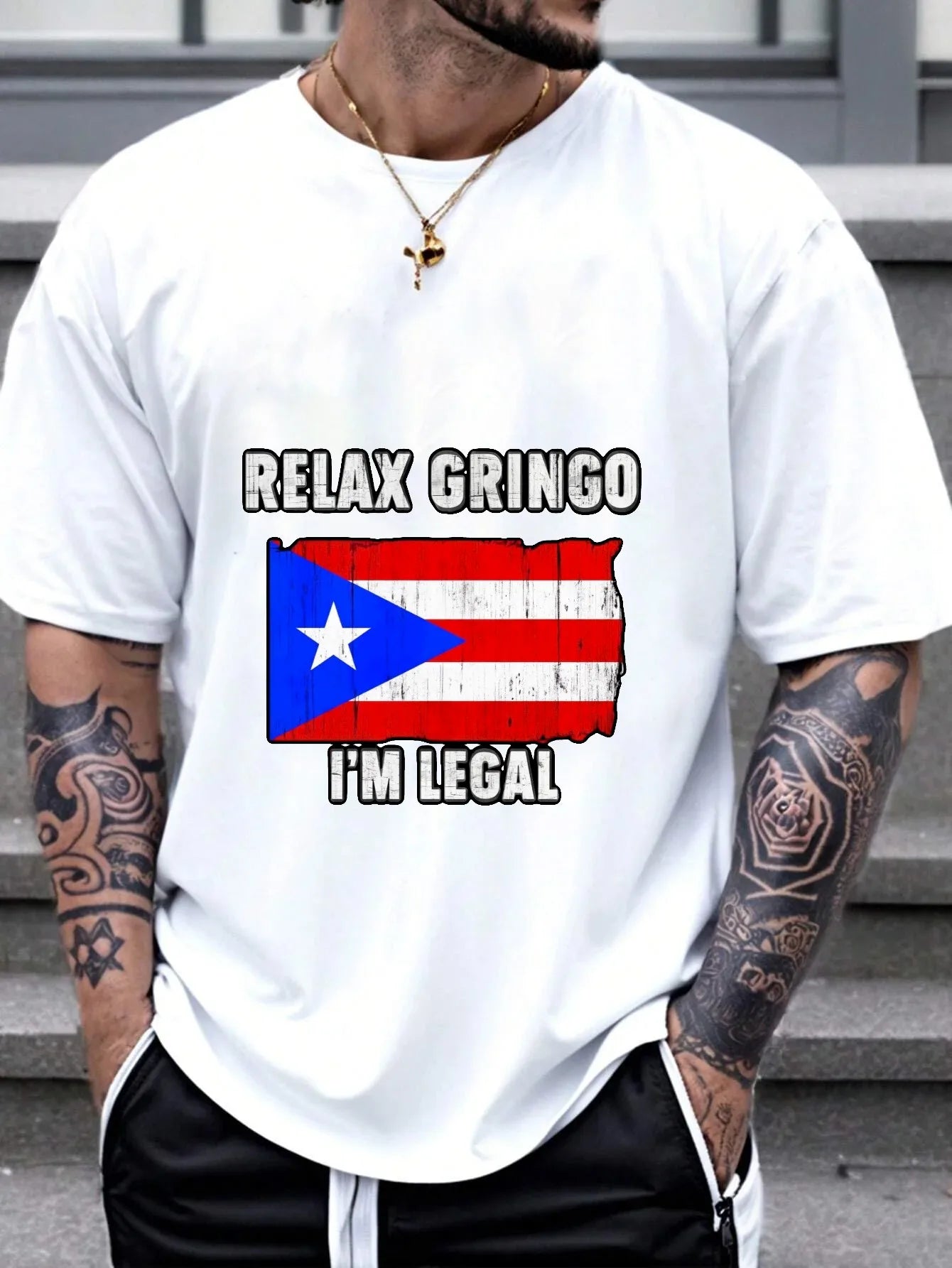 Men's Black T-Shirt Puerto Rico Flag Relax Gringo I'm Legal Printed Design High Quality Cotton 180g