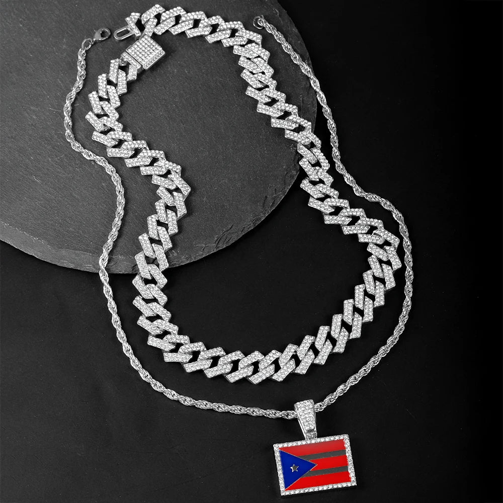 Hip-hop Punk Necklace Set Stylish Puerto Rico Flag Pendant Necklace With Cuban Chain Inlaid Diamonds Men Trend Jewelry Gift Set