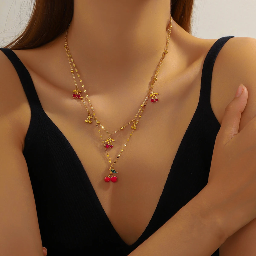 LAMENGLY 316L Stainless Steel Exaggerated Sun Face Moon Eye Cherry Multiple Pendant Necklace Women Personal Chic Neck Chain Gift