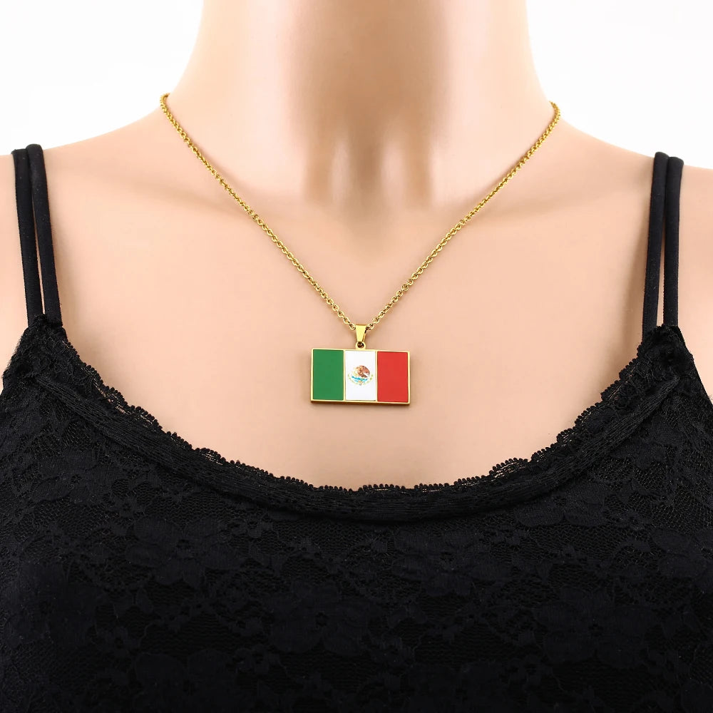 US EU Hot Sale Stainless Steel Enamel Square Mexico Flag Pendant Necklace Unisex Couple Birthday Jewelry Gift Trendy Accessory