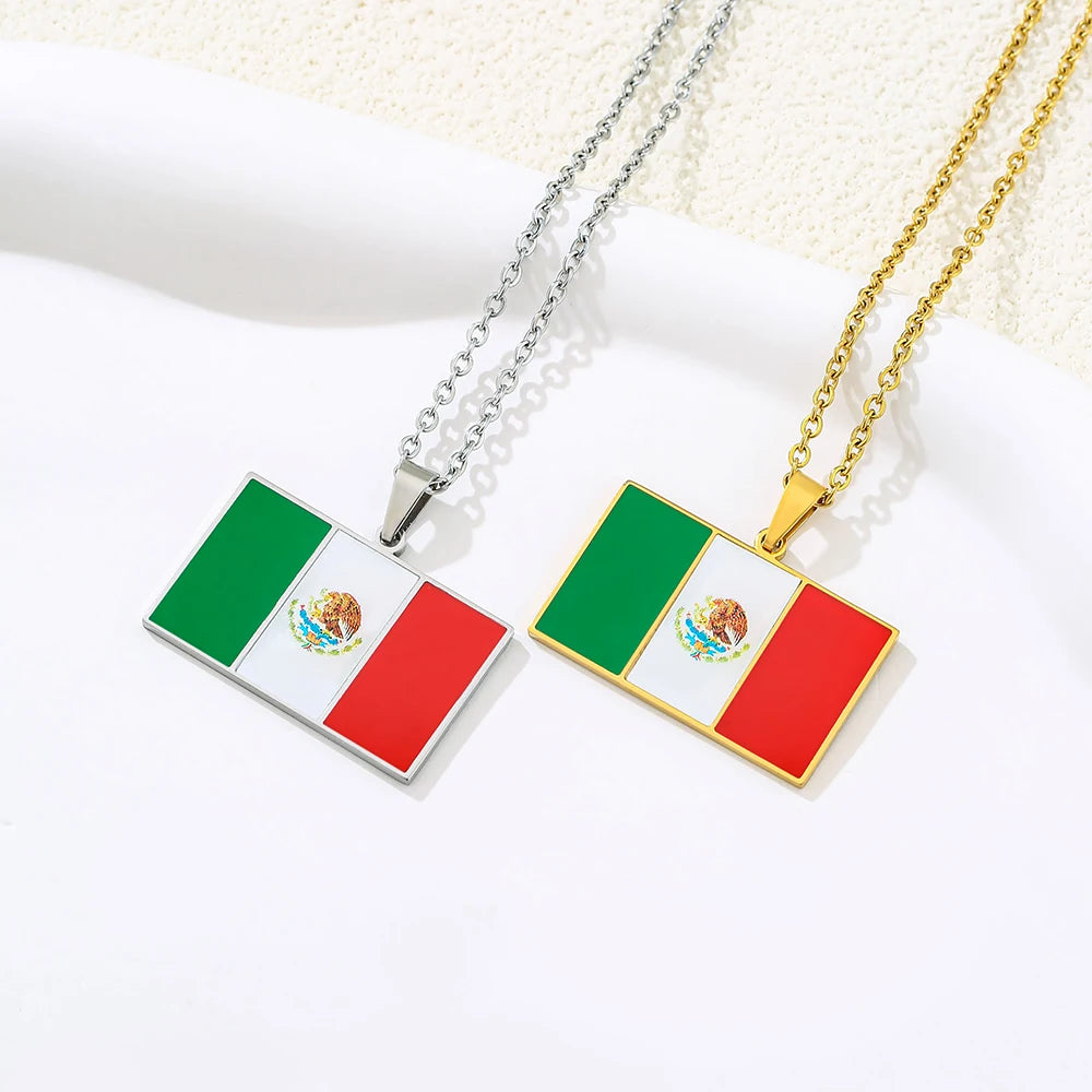US EU Hot Sale Stainless Steel Enamel Square Mexico Flag Pendant Necklace Unisex Couple Birthday Jewelry Gift Trendy Accessory
