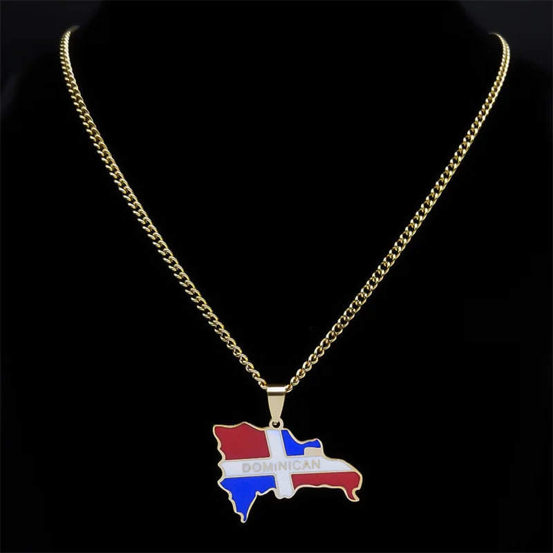Dominican Republic Map Country Flag Necklace Pendant for Women Men Stainless Steel Gold Color Necklaces Jewelry Gift N7606GDS05