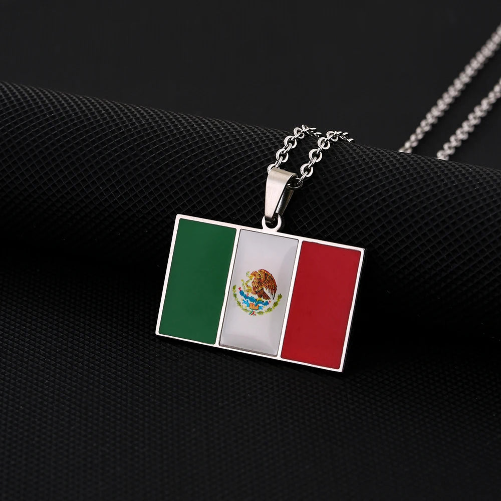 US EU Hot Sale Stainless Steel Enamel Square Mexico Flag Pendant Necklace Unisex Couple Birthday Jewelry Gift Trendy Accessory