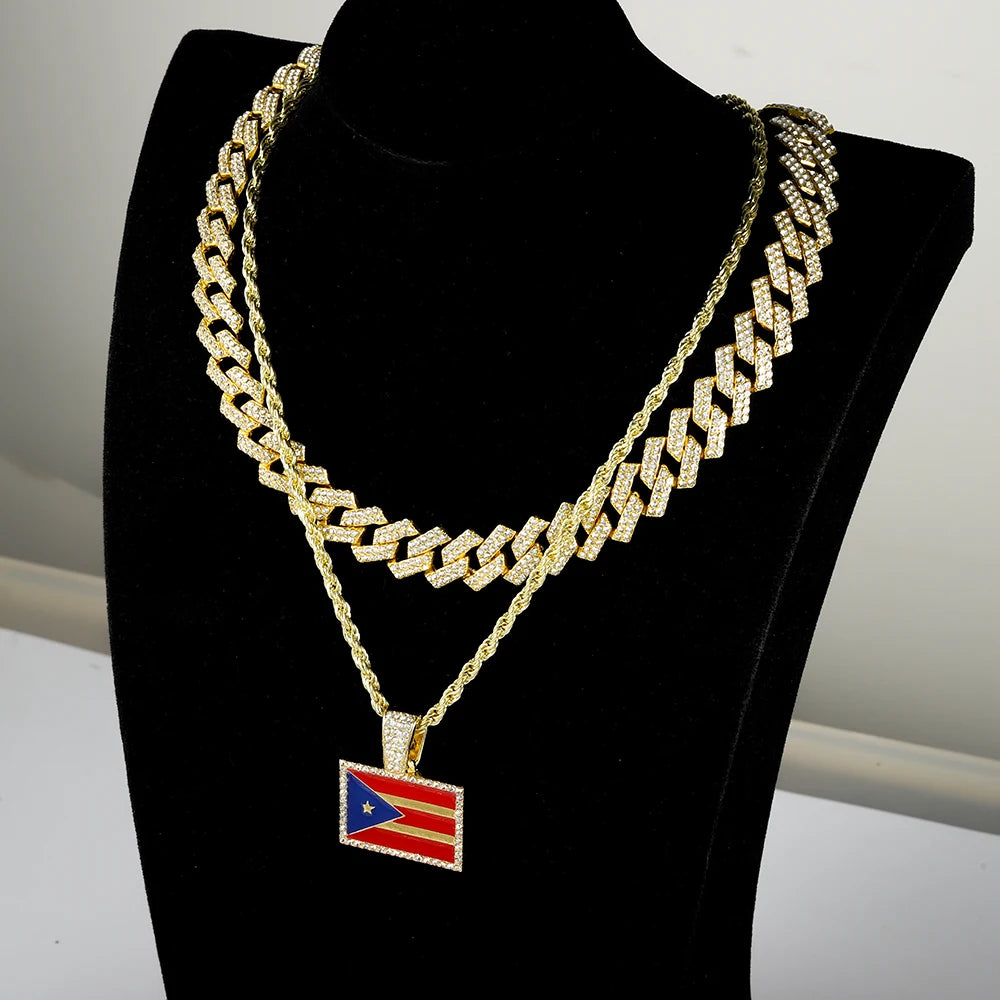 Hip-hop Punk Necklace Set Stylish Puerto Rico Flag Pendant Necklace With Cuban Chain Inlaid Diamonds Men Trend Jewelry Gift Set