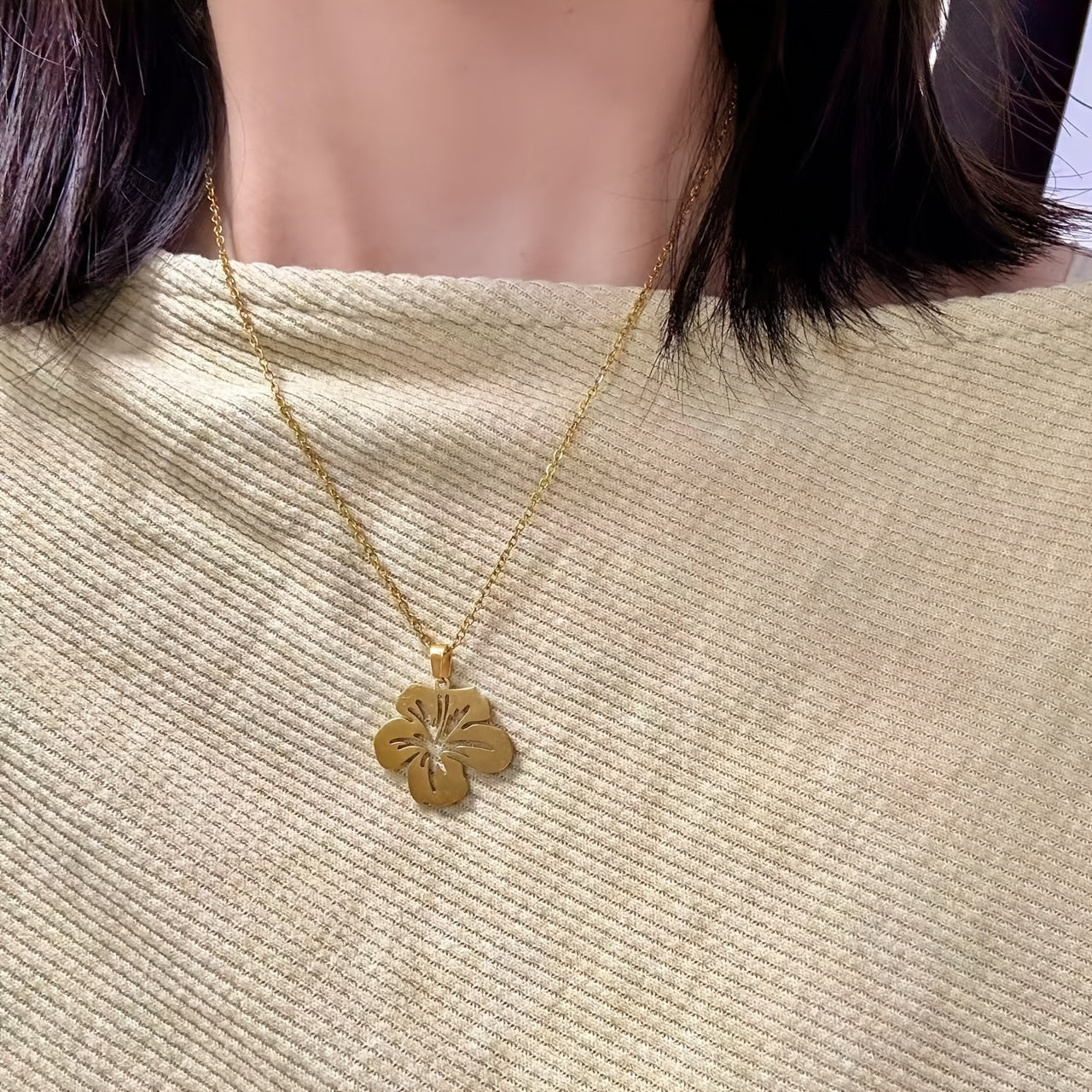 Elegant Puerto Rico Maga Flower Hollow Pendant Necklace - Stainless Steel, 18" Chain, Ideal for Everyday and Party Wear, Perfect Valentine's Day Gift, Featuring Hibiscus Elatus